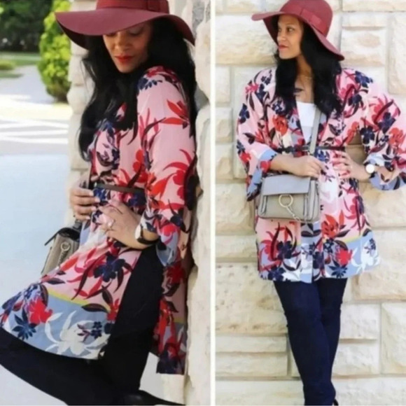 Cabi Blooming Blush Pink Floral Tropical Kimono Topper Shawl Cardigan Women XS/S - Picture 2 of 13